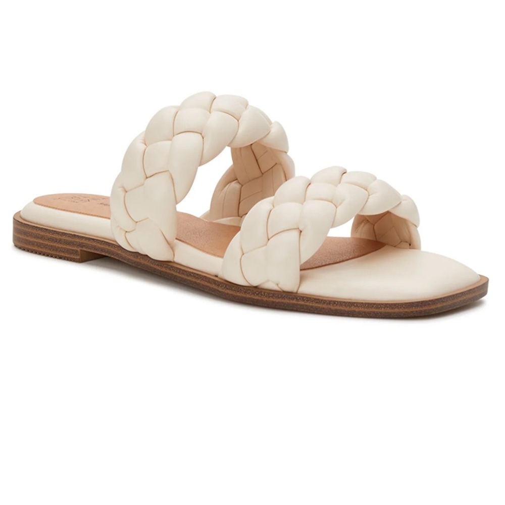 Time and Tru Women’s Braided Two Band Flat Cream Square Toe Sandals